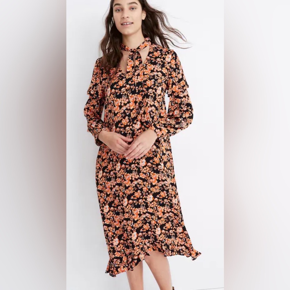 Baum Und pferdgarten Ani Tie Neck Midi Dress Black Rust Floral EU size 38 = US 6